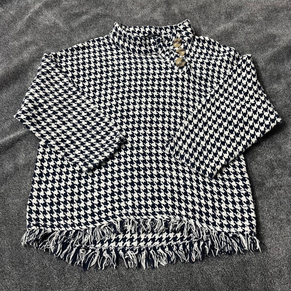 Zara Woman Navy White Houndstooth Fringe Hem Mock Neck Button Top Preppy Size M